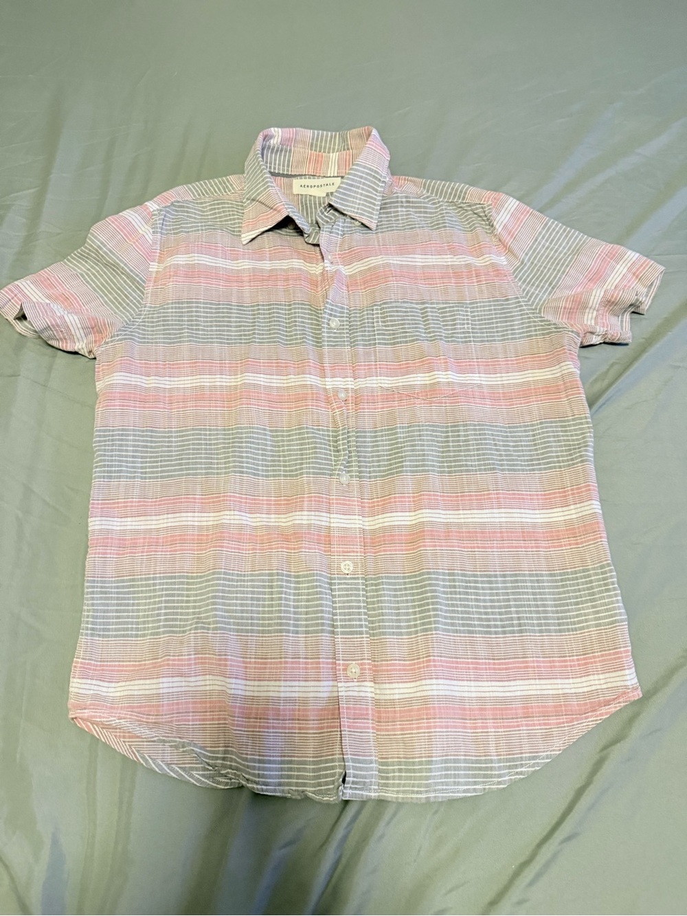 Aeropostale Men's Short-Sleeve Button-Down in Pink and Gray Stripes